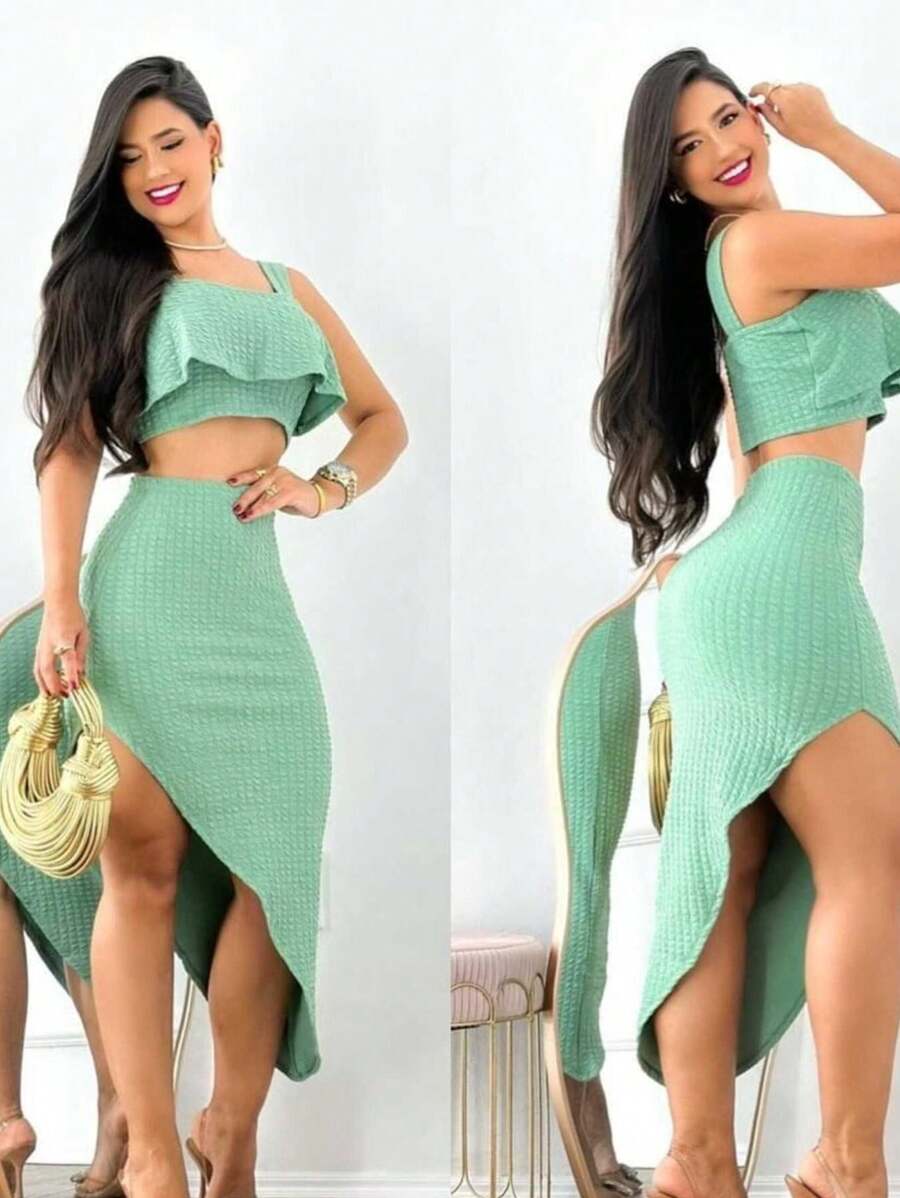 Elegatne Anaruga Skirt And Cropped Set - Mint Green - View 1