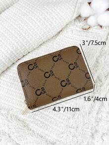 字母双拉链钱包多功能零钱包字母图形卡夹多卡位卡片收纳盒用于存储信用卡学校用品学校宿舍钱包小号 - 棕色 - 查看 9