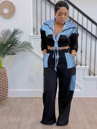 Women Fashion Street Two-Piece Set Autumn And Winter Casual Striped Patchwork Long-Sleeved Single-Breasted Pocket Lace-Up Shirt Top Elastic Waist Patchwork Pockets Drawstring Straight Pants Suits
