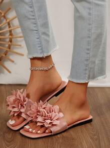 Nuevos cómodos y sencillos sandalias planas de tacón con estampado floral, zapatillas de playa de uso casual con punta abierta para mujeres de talla grande en verano - Rosa - Ver 5
