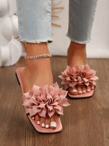 Nuevos cómodos y sencillos sandalias planas de tacón con estampado floral, zapatillas de playa de uso casual con punta abierta para mujeres de talla grande en verano - Rosa - Ver 6