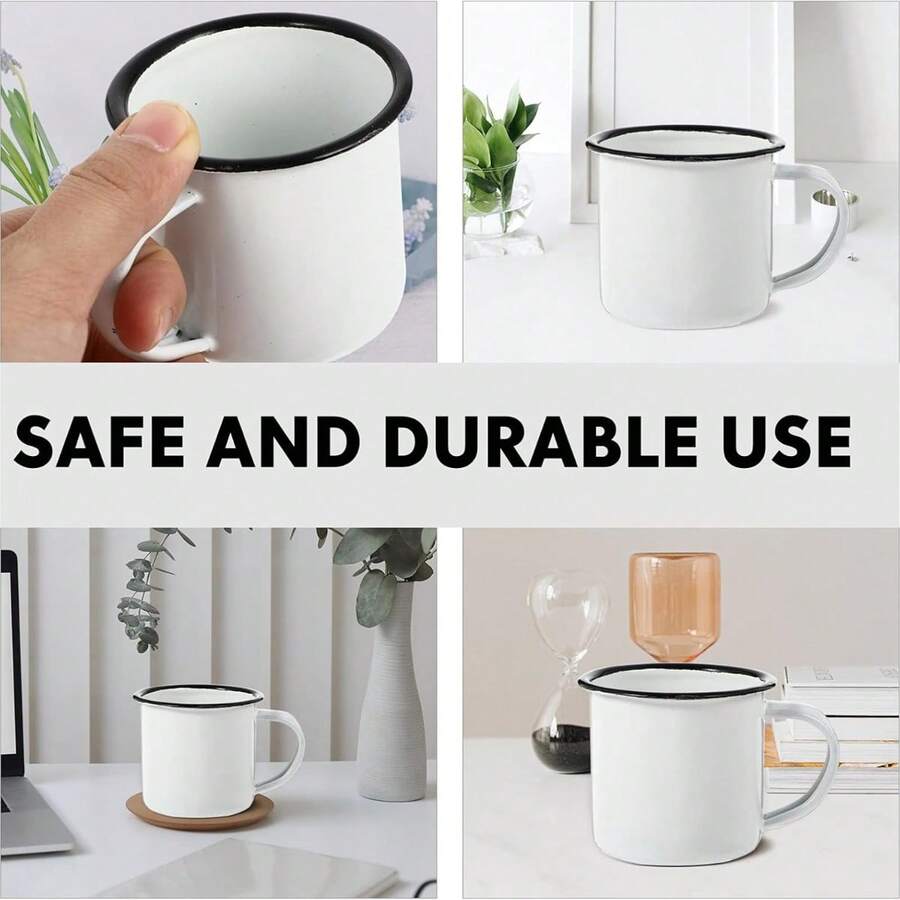 Set Of 6 White Enameled Mugs With Black Rim, Metal Capacity 50 Ml, Measures 4.5 Cm High X 5 Cm Wide, Retro Religious. - trắng - Xem 1