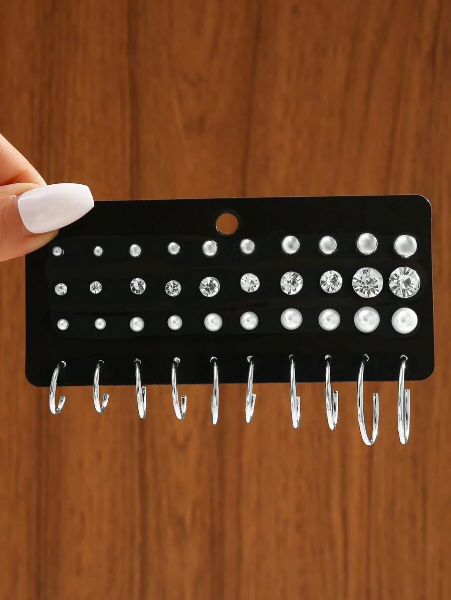 40pcs Simple Pearl & Cubic Zirconia Stud Earrings Set, Gift For Women - Silver - View 1