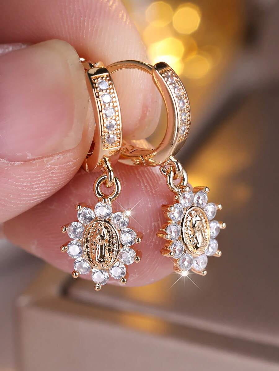 Vanel 2pcs Luxury Classic Copper Alloy Inlaid White Cubic Zirconia Virgin Mary Pendant Earring Set, Suitable For Women Engagement/Wedding Decoration - earring - View 1