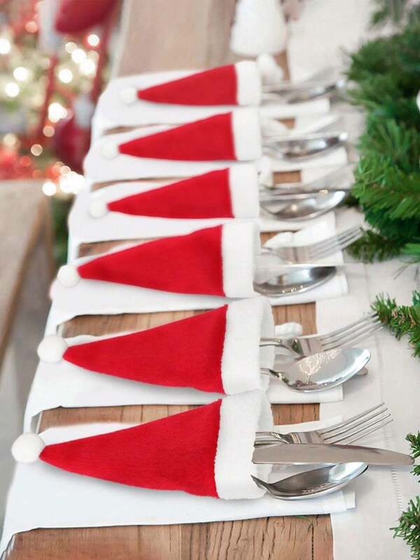 10pcs Christmas Hat Cutlery Set, Christmas Table Decorations Santa Hats, Red Wine Decor Santa Hats,Christmas
