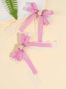 2pcs Girls Pink Hair Bows ,White Lace Bow Hair Clips With Long Tail,Elegant Pink Flower Hair Bows For Girls Kids Hair Accessories - Multicolor - View 3