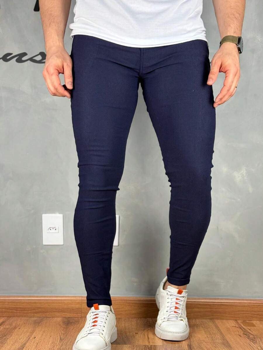 Traditional Plain Black Tailored Trousers 04% Lycra - Navy Blue - View 1