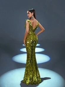 Faeriesty 华丽低胸美人鱼下摆亮片礼服，优雅舞会晚礼服，适合婚礼嘉宾、毕业典礼、晚宴 - 橄欖綠 - 查看 2