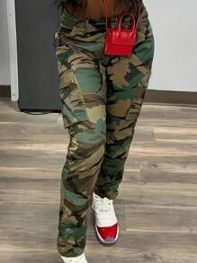 Women's Camouflage Work Pants Streetwear - Outdoor Pants With Multiple Pockets And Zipper Details, Suitable For Women's Urban Combat Style Casual Pants - Army Green - View 1