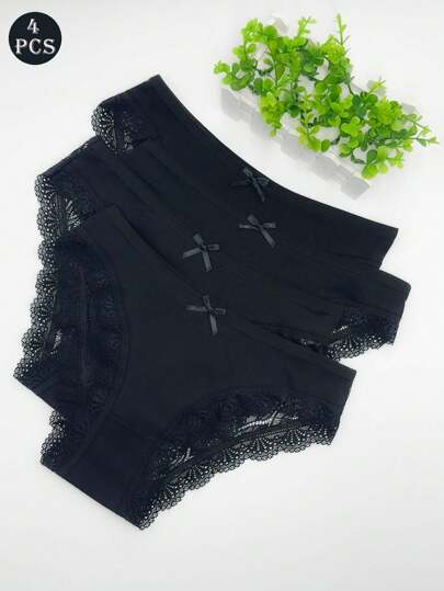 4pcs Lace Trim Sheer Breathable Cheeky Panties