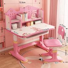 Kids Functional Desk Chair Set, Height Adjustable Children School Study Desk With Castle Backboard, Widened Desktop, Bookstand And Storage Drawer - Pink - View 6
