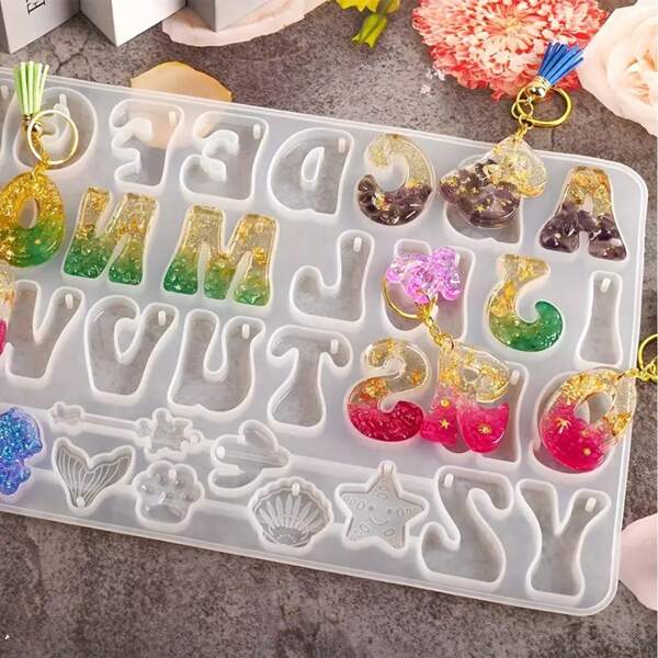 1 set Lettres en silicone 26, moule de coulée de résine en forme d'étoile de mer pour porte-clés et pendentifs de bijoux DIY, moule de résine époxy