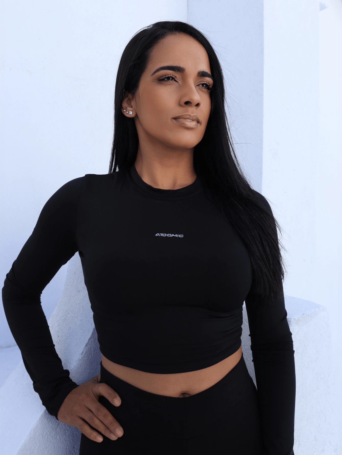 Women's Thermal Crop Top Long Sleeve With UV 50+ Sun Protection - 黑色 - 查看 1