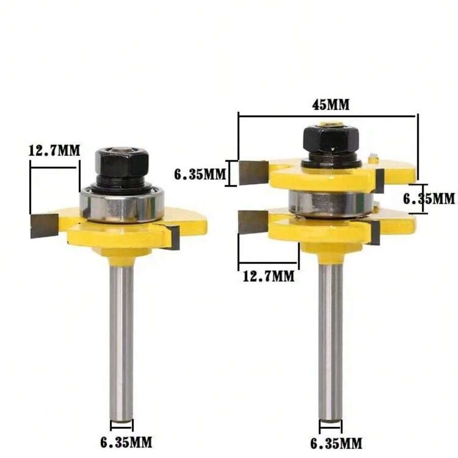 2 PCS Tongue And Groove Router Bit Set 1/4 Shank 3 Teeth Adjustable T Shape Bits - Yellow - View 1