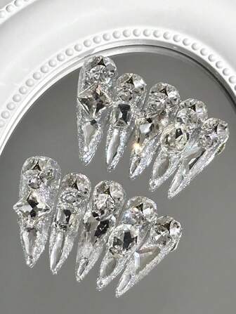 Juego de 10 piezas de uñas postizas con forma de almendra y decoradas con piedras de strass, accesorios de arte de uñas lujosos y glamorosos, adecuados para uso diario, fiestas, bodas y talla grande, reutilizables con pegamento de uñas incluido