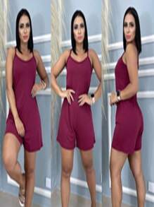 WOMEN'S THIN STRAP VISCOLYGRA JUMPSUIT - 酒紅色 - 查看 1