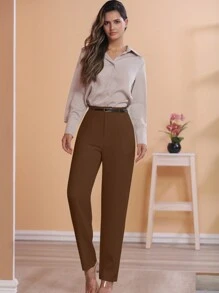 STYLE FASHION Wide Leg Pants With Belt / Color Military Green, Black, , Brown / Tailored / Wide Leg Pants / Summer Winter / Christmas Collection / Elegant / Casual / Stylish / Feminine / Christmas Look / Light / Comfortable / 2024 Collection - 鏽棕色 - 查看 3