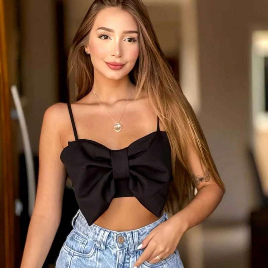 Cropped Top With Bow Tailoring, Delicate Summer Fashion - 黑色 - 查看 1