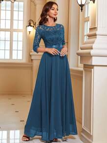 MIUSOL Elegant Floral Lace Round Neck Chiffon Coral Blue Flowing Hem Maxi Dress, A-Line Prom Evening Gown, For Formal Wedding Guest, Graduation, Dinner, Random Pattern - 霧霾藍 - 查看 6