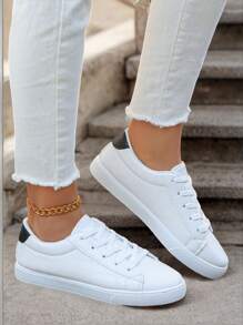 女士时尚简约平底休闲鞋，系带舒适低帮运动鞋，适合日常穿着和户外散步 - 白色 - 查看 2