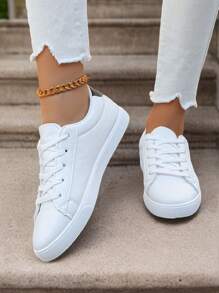 女士时尚简约平底休闲鞋，系带舒适低帮运动鞋，适合日常穿着和户外散步 - 白色 - 查看 3