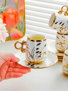 1pc Elegant 6 Cup 6 Dish Ceramic Coffee Mug And Saucer Set - Floral Design, Non-Slip, Insulated For Hot Drinks, Perfect For Families, Weddings, Tea Parties - Small Mugs And Saucers, Perfect For Coffee, Tea, Espresso - Gold - View 7
