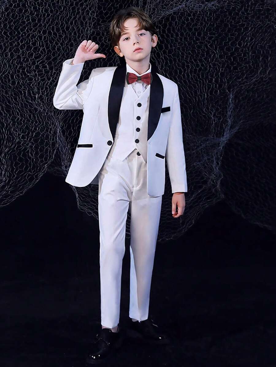 少年翻領長袖西裝外套，單排釦馬甲、褲裝和蝴蝶結套裝，適合春秋季節正式場合