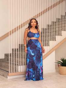 Women's Long Dress With Printed Straps - Màu xanh lam - Xem 1