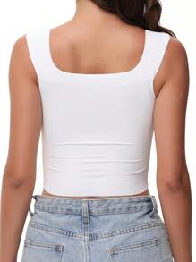 Women's Tight Fitted Widened Square Neck Tank Top With Built-In Bra Pads Sleeveless Air Touch Fabric - 白色 - 查看 5