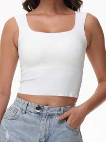 Women's Tight Fitted Widened Square Neck Tank Top With Built-In Bra Pads Sleeveless Air Touch Fabric - 白色 - 查看 2