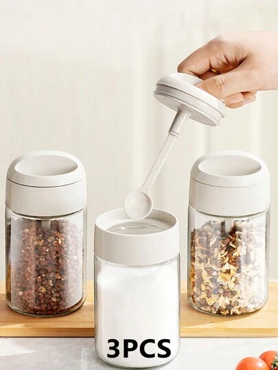 3 件装 250ml 简约时尚家用厨房玻璃调味瓶，内置 1.5g/0.053oz 量盐勺调味储存罐，防水防潮耐用易清洁调味品收纳容器