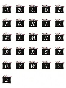 1pc Letter Print Patchwork Makeup Bag, Black Small Size, Letter A-Z, Makeup Pouch, Portable Toiletry Bag, Teacher's Day Gift, Reusable Makeup Bag, Women's Minimalist Large Capacity Travel Makeup Bag, Can Store Earphones, Accessories, Coin Purse, Multi-Functional Portable Women's Gift, Portable Casual Storage Bag, Makeup Bag, Cosmetic Organizer, Cosmetic Storage Bag, Makeup Pouch Make Up Bag - Black - View 2