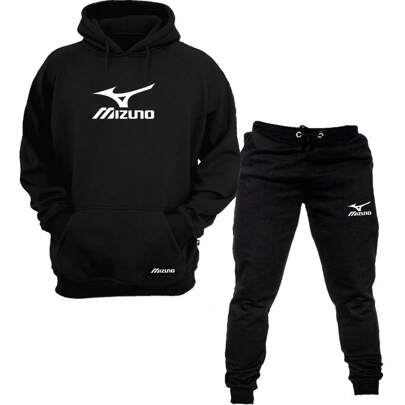 Conjunto esportivo masculino de moletom com capuz, manga longa e calça de moletom com bolsos.
