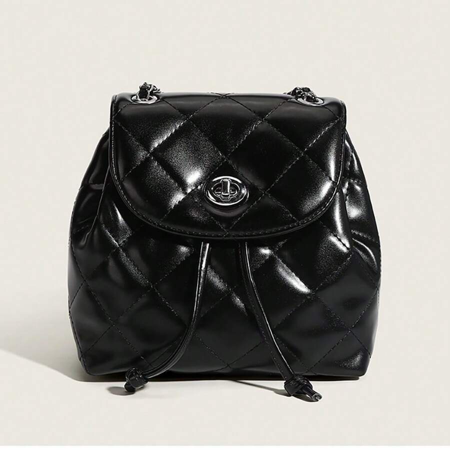 小香风菱格链条拎小背包单肩斜跨背包时尚银链背包学院风背包女式迷你背包钱包一款适合旅行和日常使用的小单肩背包 - 黑色 - 查看 1