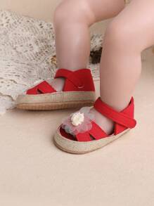 1 双女婴公主蕾丝花朵图案软底钩环扣步行鞋，0-1 岁 - 紅色 - 查看 1