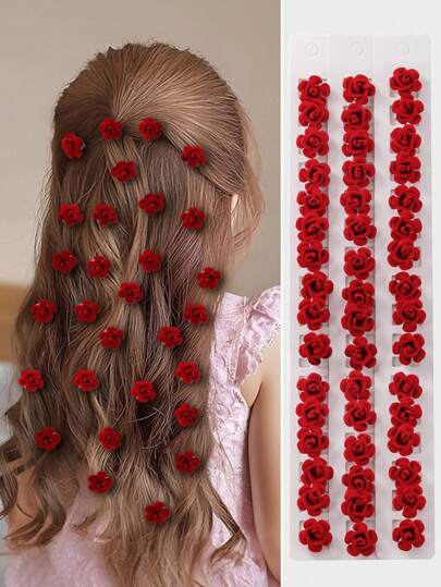 10pcs/Set Girls Red Rose Velvet Flower Hair Clips, Cute European And American Style Bangs Hairpins, Bridal Wedding Hair Accessories