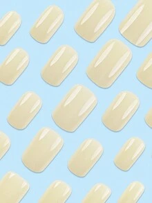 24pcs Long Nails Square Plain Yellow Color False Nails Set, Suitable For Women And Girls Wear - Yellow - View 3