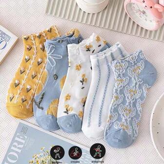 5双装复古碎花袜子女短袜低帮春夏季薄款日系清新ins低帮船袜