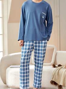 Conjunto de 2 piezas de pijama para hombre con pantalón de manga larga y estampado de osos en bolsillo, ropa casual