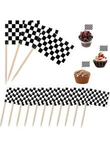 24 piezas/50 piezas Decoraciones de cupcakes con bandera a cuadros de carreras, decoraciones para pastel para fiesta de cumpleaños con tema de carreras - Blanco y Negro - Ver 7
