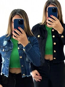 Kit 2 Women's Black And Dark Frayed Long Sleeve Denim Jacket - Escura e Preta - 查看 1