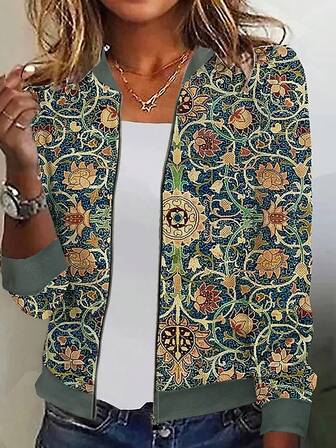 מעיל בומבר קצר בהדפס רטרו וינטג', סתיו