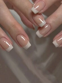 24pcs Medium Long Square Press On  Nails Gift SetGentle Classic White French EdgeFalse Nails For Girls And WomenWith 1 Jelly Gel 1 Filing Strip