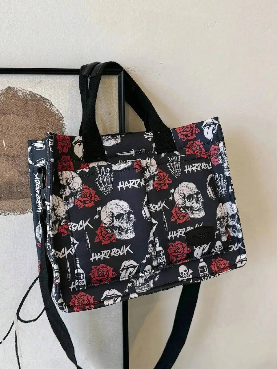Skull Design Large Capacity MultiPocket Canvas Tote Bag, Lightweight