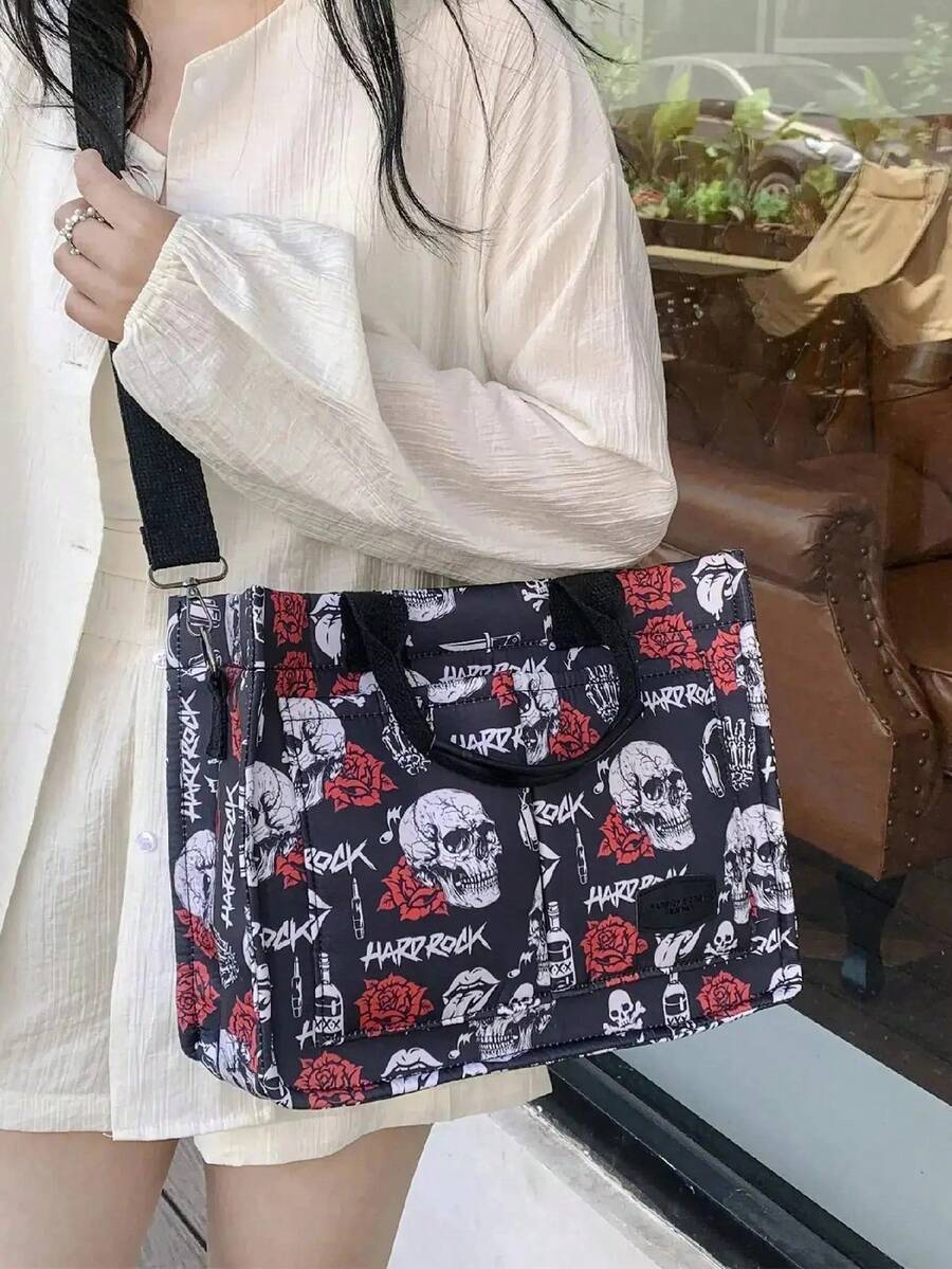 Skull Design Large Capacity MultiPocket Canvas Tote Bag, Lightweight