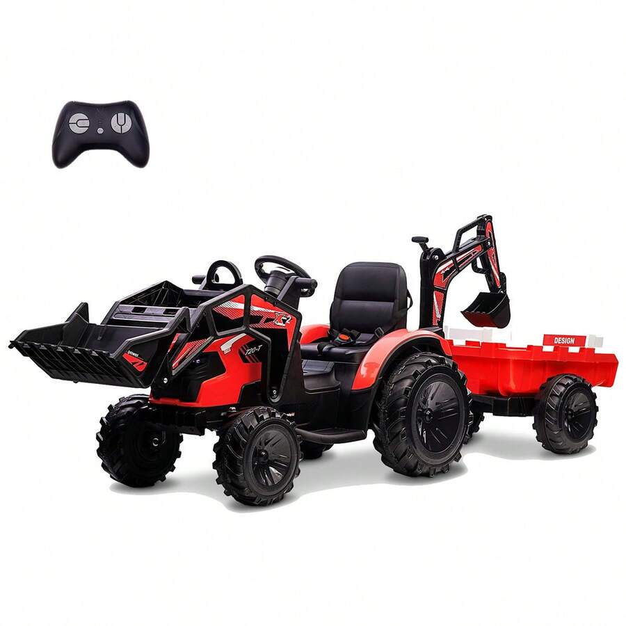3 In 1 Ride On Tractor,Excavator & Bulldozer,24V Electric Vehicle With Trailer,Shovel Bucket,Digger,Remote Control,EVA Tires,LED Lights,Music,USB & Bt,Kids Ride On Car - Red - View 1