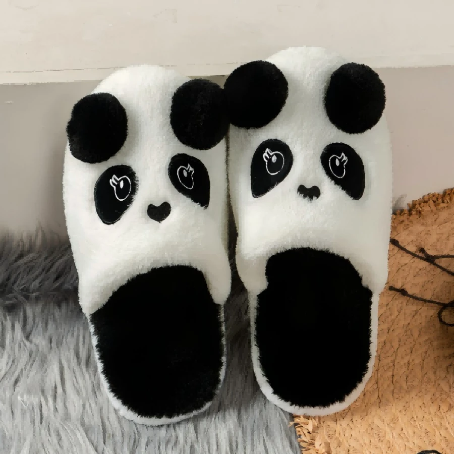 Ladies Black And White Panda Cute Cartoon Style Home Non-Slip Plush Slippers - Black and White - View 1