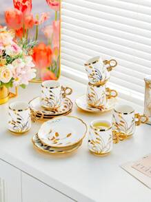 1pc Elegant 6 Cup 6 Dish Ceramic Coffee Mug And Saucer Set - Floral Design, Non-Slip, Insulated For Hot Drinks, Perfect For Families, Weddings, Tea Parties - Small Mugs And Saucers, Perfect For Coffee, Tea, Espresso - Gold - View 10