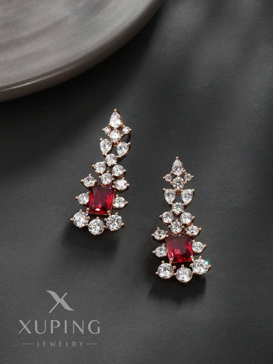 XUPING JEWELRY 1 对时尚奢华酒红色镀铜金色吊坠耳环，适合女性派对 - 酒紅色 - 查看 1