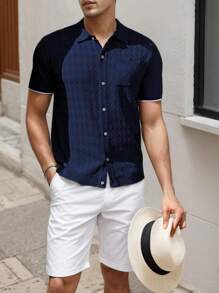 Men's Short-Sleeved Casual Knitted Textured Button-Down Polo Shirt (With Pockets) Suitable For Daily Wear And Travel - 藏蓝色 - 查看 4
